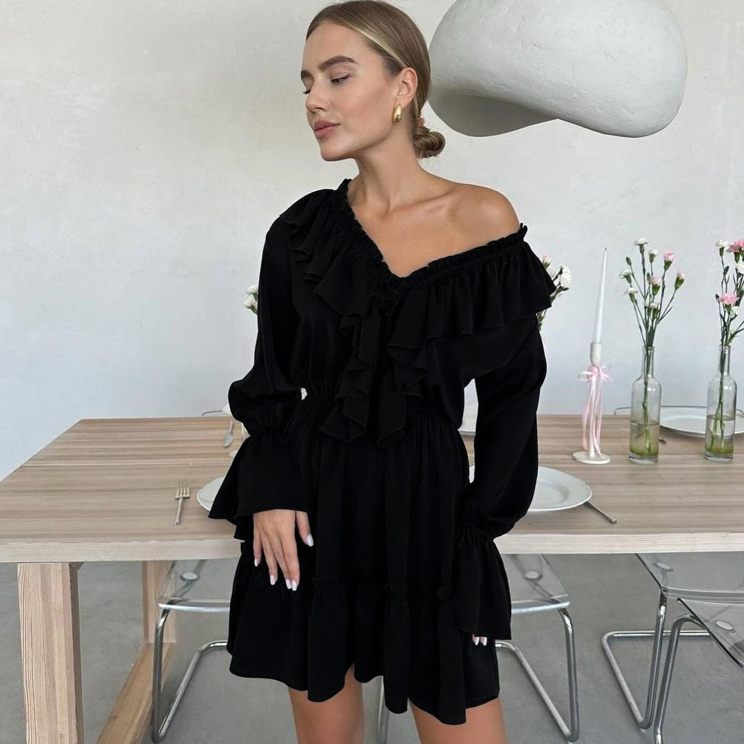 V Neck Pleated Ruffle Short Dress