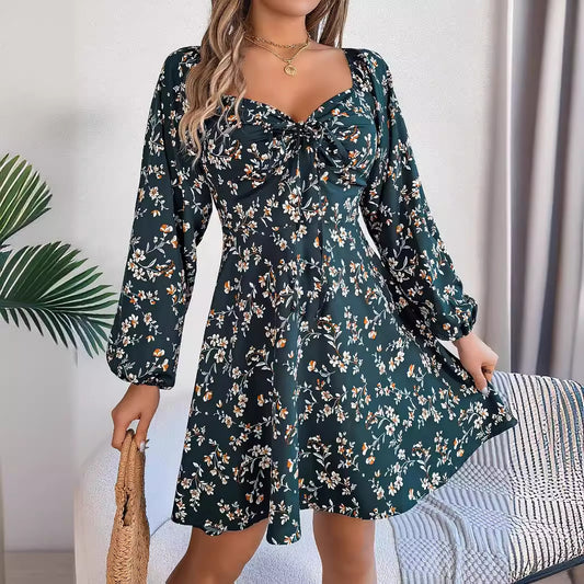 Floral Print Lantern Sleeve Dress